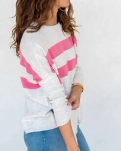 Catalina Sweater -Mersea Sales Store womens white pink striped crewneck sweater oversized side view