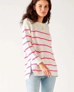 Camden Boatneck Sweater -Mersea Sales Store womens white pink stripes midweight sweater front view