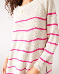 Camden Boatneck Sweater -Mersea Sales Store womens white pink stripes midweight sweater front view close up detail knit