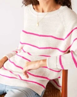Camden Boatneck Sweater -Mersea Sales Store womens white pink stripes midweight sweater front view sitting detail cuffs