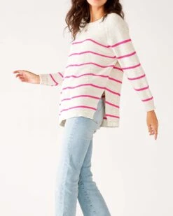Camden Boatneck Sweater -Mersea Sales Store womens white pink stripes midweight sweater side view walking flowing