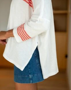 Catalina Slub Tee 24 Catalina Slub Tee -Mersea Sales Store womens white red striped slub tee one sized side slits view